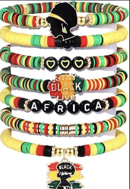 Red, yellow, green, and black beaded bracelets with Black History Month charms