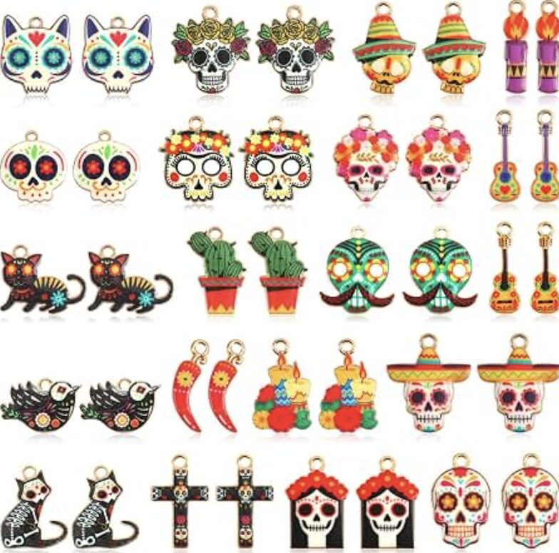 Colorful Día de los Muertos charms including sugar skulls, marigolds, and guitars